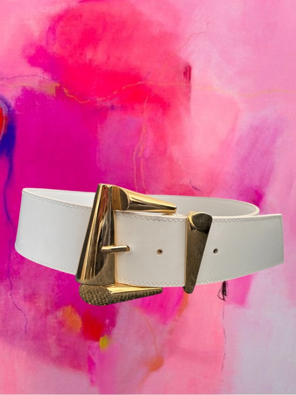 VTG Express White Leather Chunky Gold Metal Belt Size M